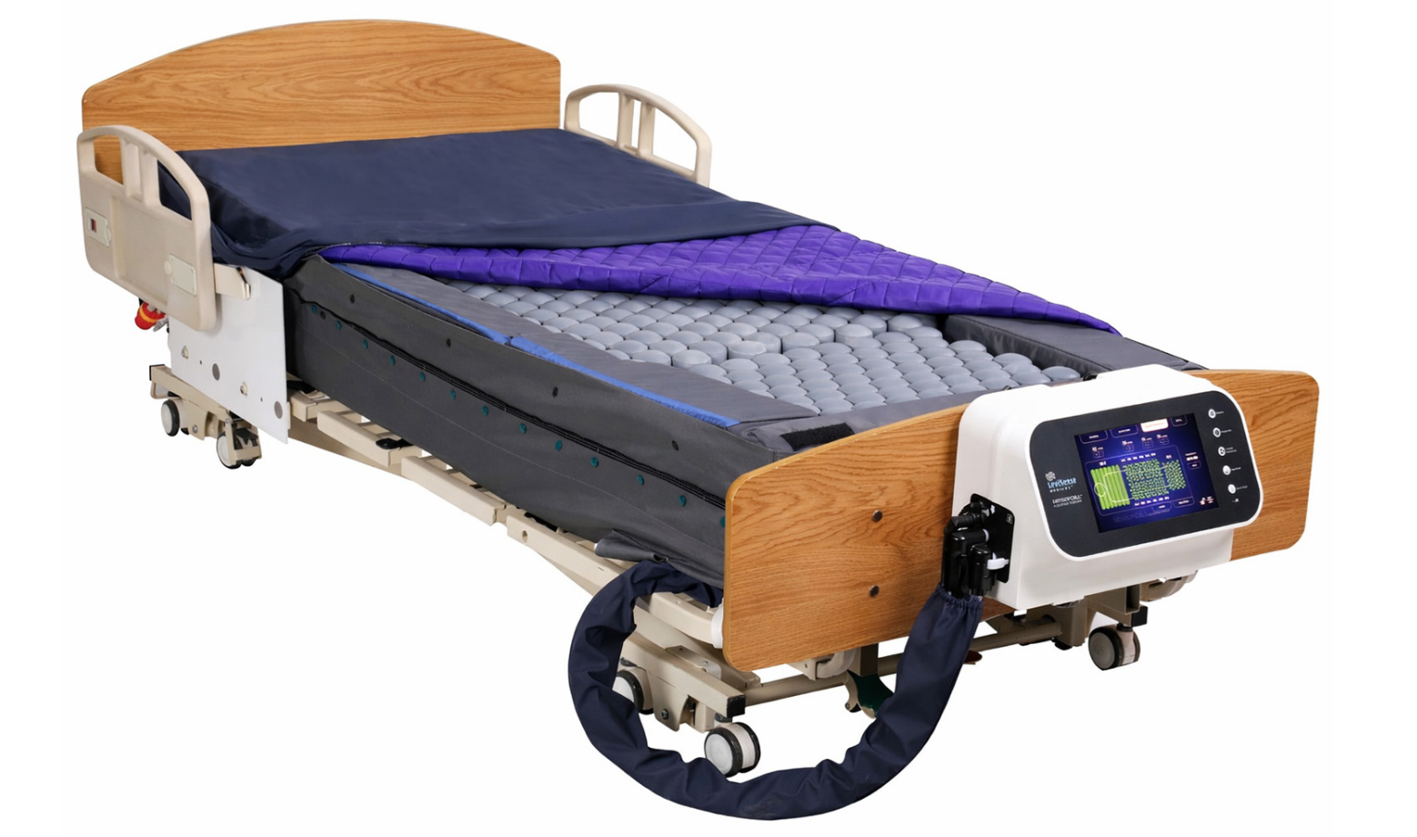 The Pro-Daptive™ SensorCell™ surface on a home care bed frame, cover partly open