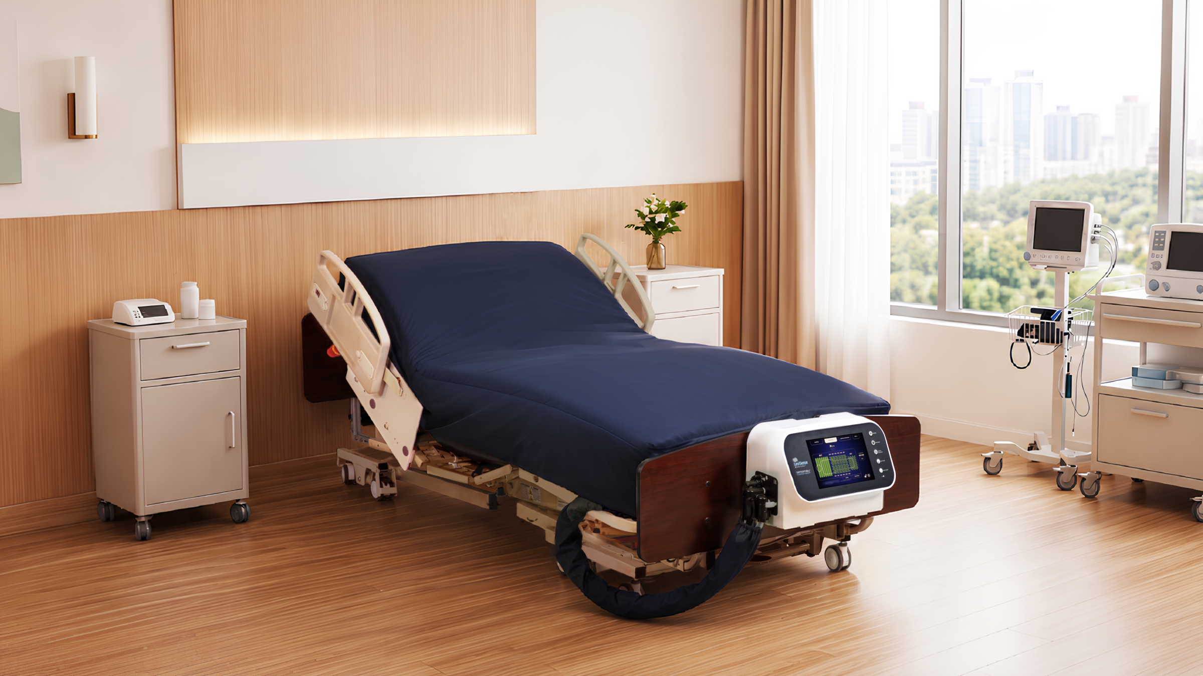 Pro-Daptive SensorCell Flotation surface installed on a hospital bed in a patient room, pump mounted at the footboard